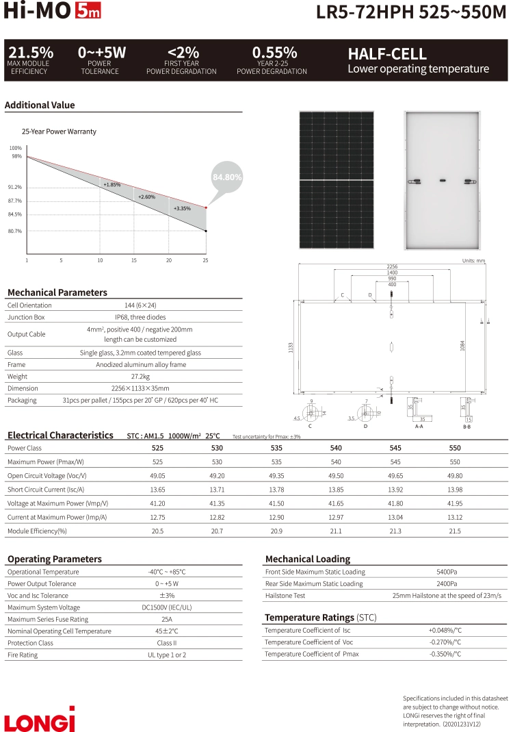 Longi Half Cut 144 Cell 540W 550W Mono Solar Panel Cell PV Module for Solar Power System